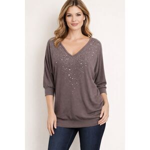 Studio Y Womens Mauve Sequin VNeck Blouse Size L Sparkle Tunic Top 3/4 Sleeve T